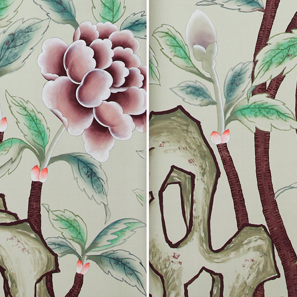 Обои ручная роспись Korean Peony Special Colourway on Icefield dyed silk
