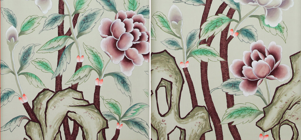 Обои ручная роспись Korean Peony Special Colourway on Icefield dyed silk