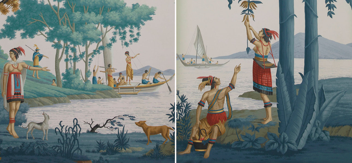 Обои ручная роспись Les Sauvages de la Mer Pacifique Special Colourway on Lilac Mica metallic silk