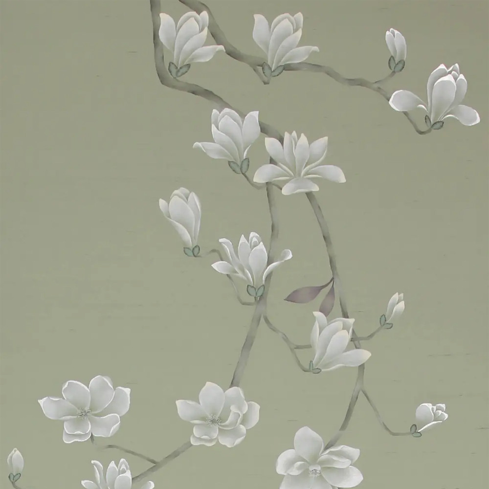 Обои ручная роспись Magnolia Canopy Colourway SC-287 on Aquamarine slub silk