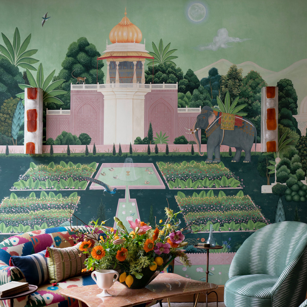 Обои ручная роспись Mahal Garden Original colourway on blue painted Xuan paper