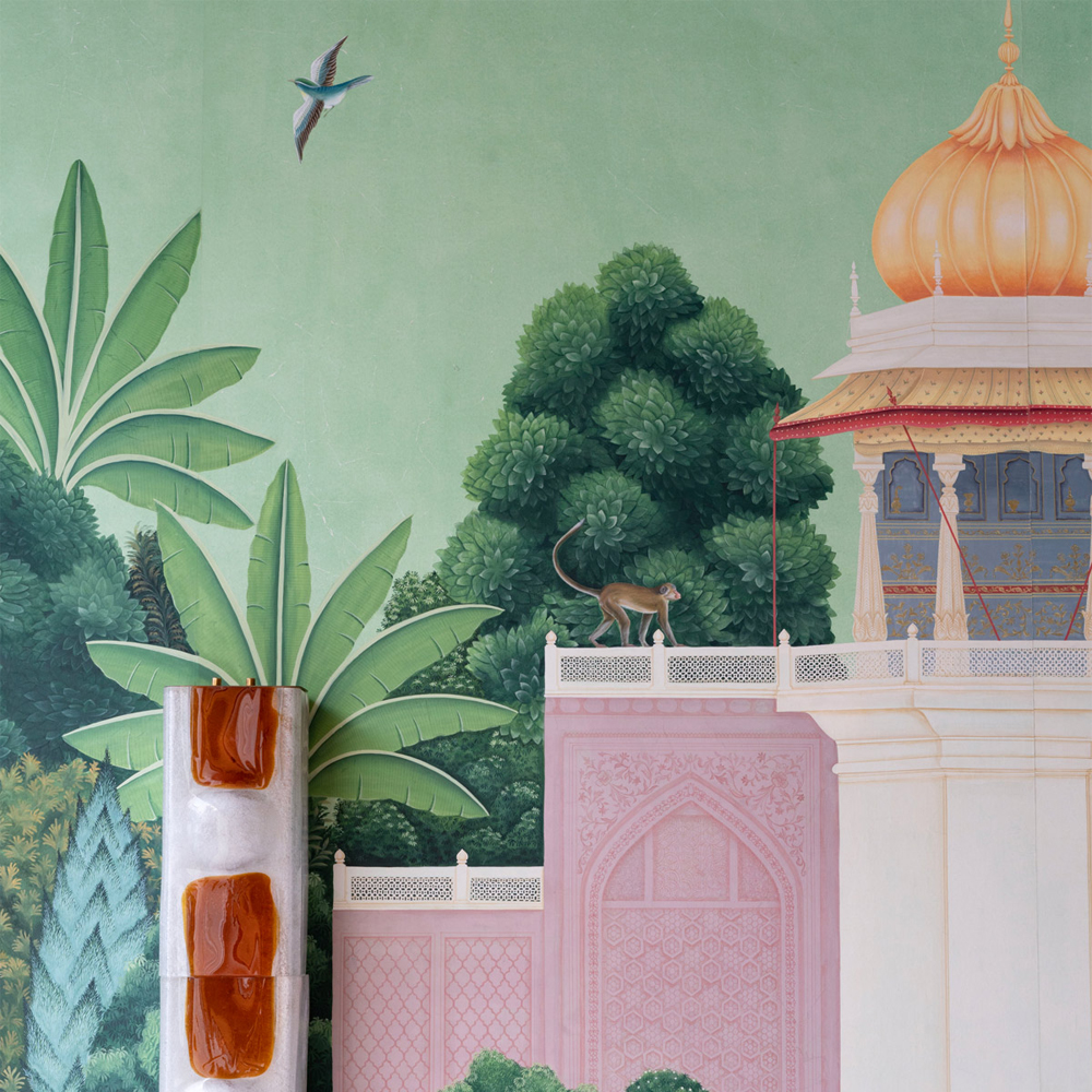 Обои ручная роспись Mahal Garden Original colourway on blue painted Xuan paper