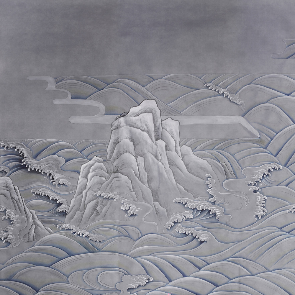 Обои ручная роспись Matsushima Waves Hokusai on Gun Metal dyed silk