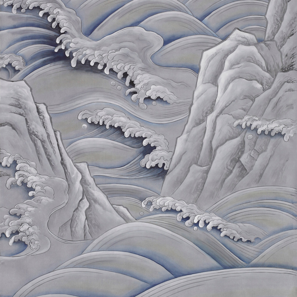 Обои ручная роспись Matsushima Waves Hokusai on Gun Metal dyed silk