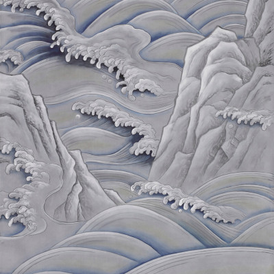Обои ручная роспись Matsushima Waves Hokusai on Gun Metal dyed silk