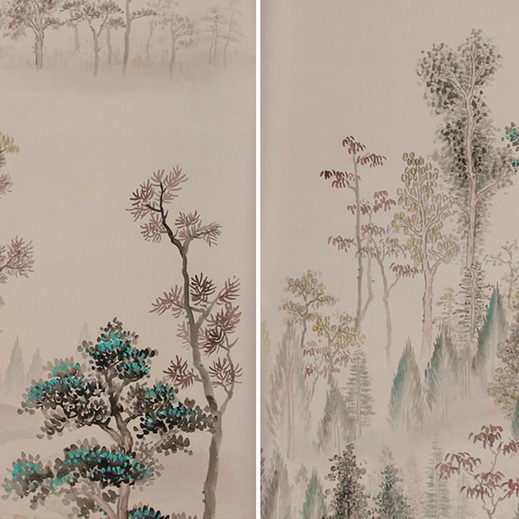 Обои ручная роспись Mountains Above Clouds Original colourway on Pearl Pink metallic silk