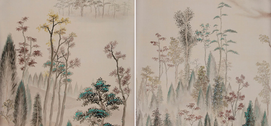 Обои ручная роспись Mountains Above Clouds Original colourway on Pearl Pink metallic silk