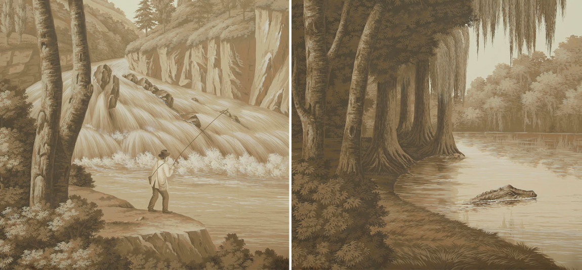 Обои ручная роспись North American River Views Sepia on scenic paper