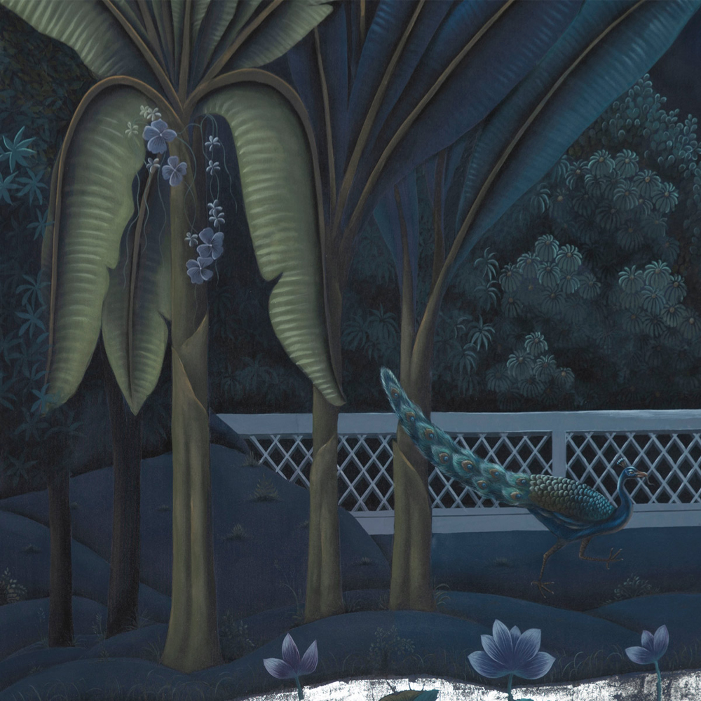 Обои ручная роспись Phuljhari Original colourway on Empire Blue dyed silk