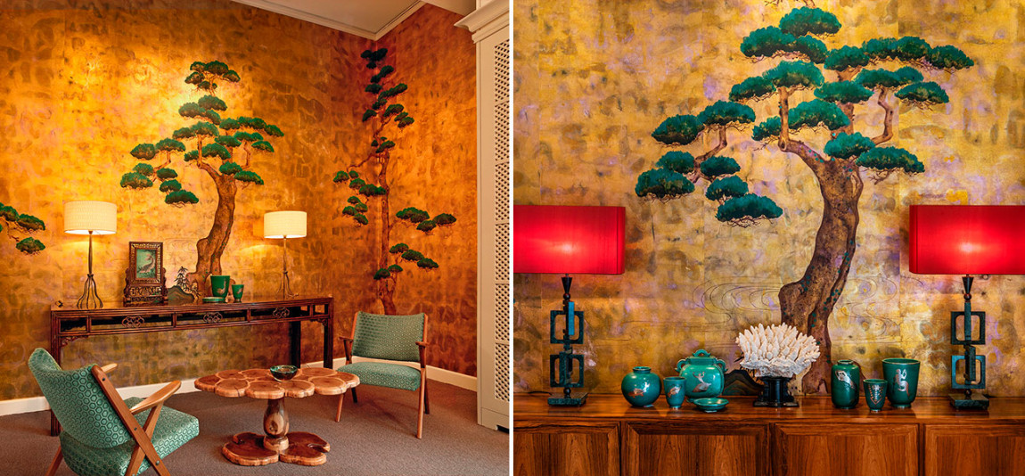 Обои ручная роспись Pine Trees Original colourway on Old Gold gilded paper with pearlescent antiquing