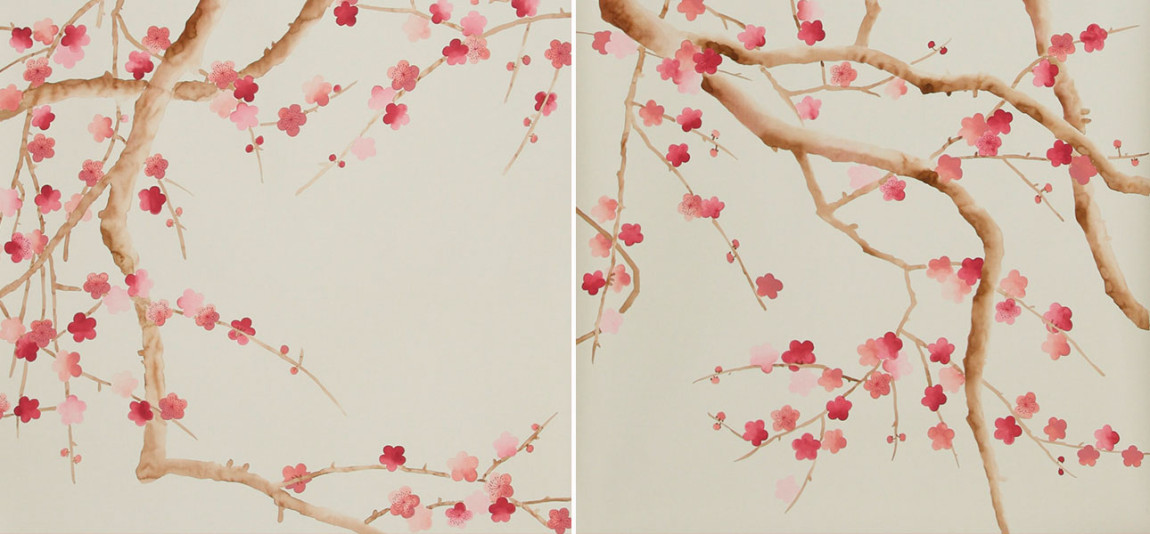 Обои ручная роспись Plum Blossom Blossom on Satin Grey dyed silk
