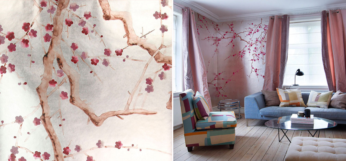 Обои ручная роспись Plum Blossom Blossom on Tarnished Silver gilded paper