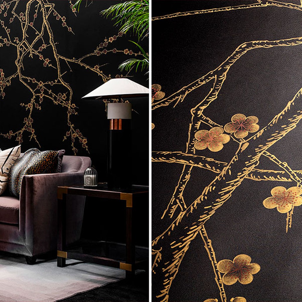 Обои ручная роспись Plum Blossom Colourway SC-226 on black painted silk