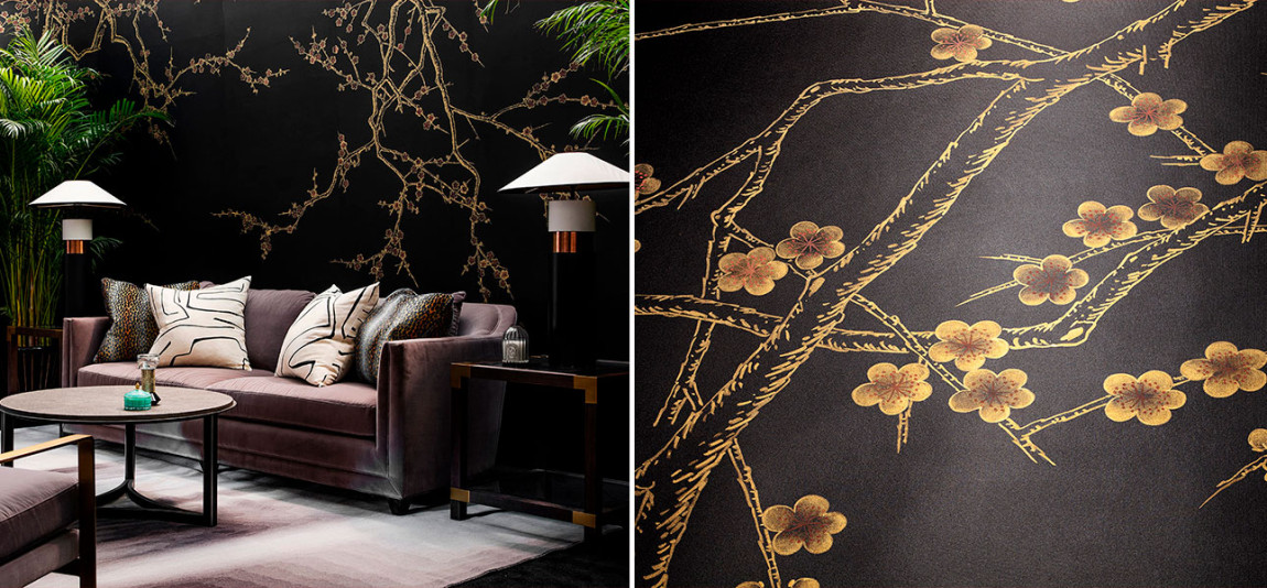 Обои ручная роспись Plum Blossom Colourway SC-226 on black painted silk