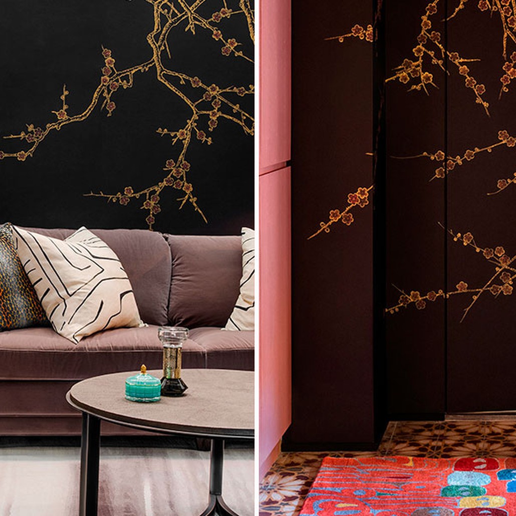 Обои ручная роспись Plum Blossom Colourway SC-226 on black painted silk