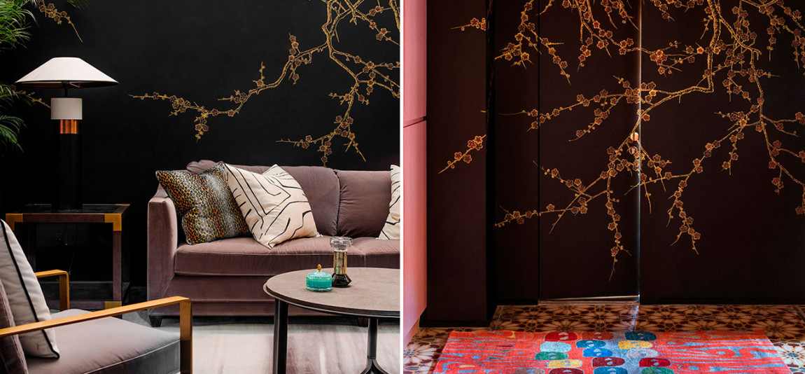Обои ручная роспись Plum Blossom Colourway SC-226 on black painted silk