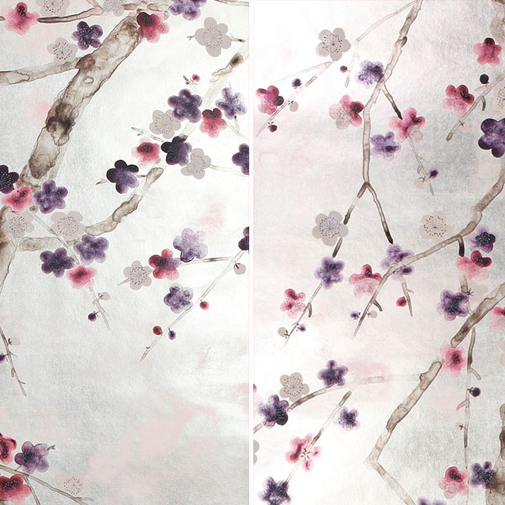 Обои ручная роспись Plum Blossom Colourway SC-228 on Tarnished Silver gilded paper with pearlescent antiquing