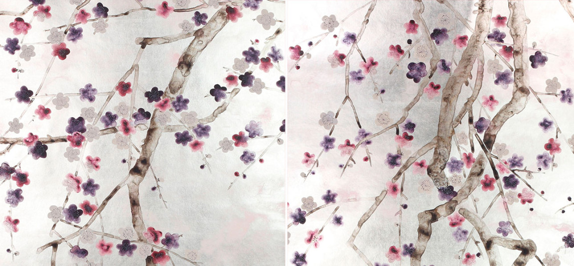 Обои ручная роспись Plum Blossom Colourway SC-228 on Tarnished Silver gilded paper with pearlescent antiquing
