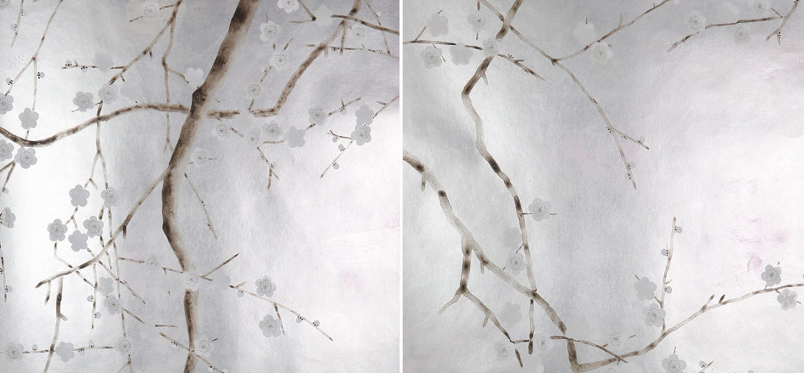 Обои ручная роспись Plum Blossom Colourway SC-229 on Sterling Silver gilded paper with pearlescent antiquing
