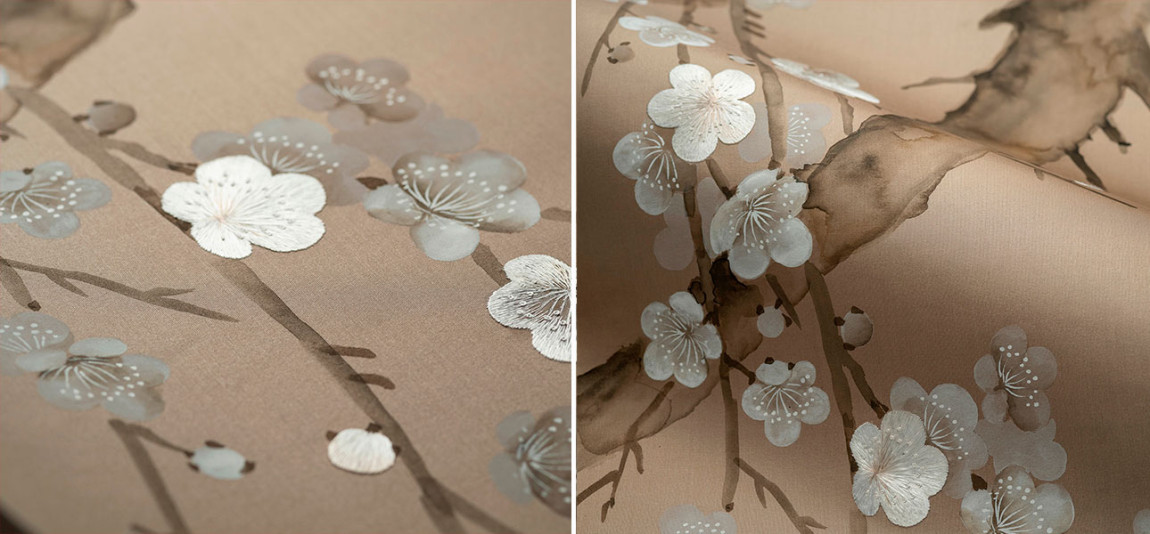 Обои ручная роспись Plum Blossom Colourway SC-232 on Lead Grey dyed silk