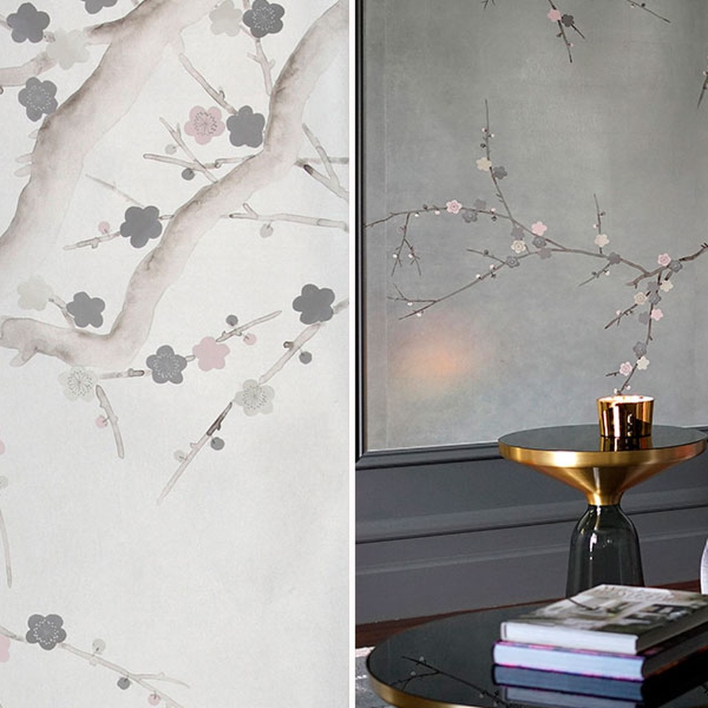 Обои ручная роспись Plum Blossom Colourway SC-233 on Sterling Silver gilded silk