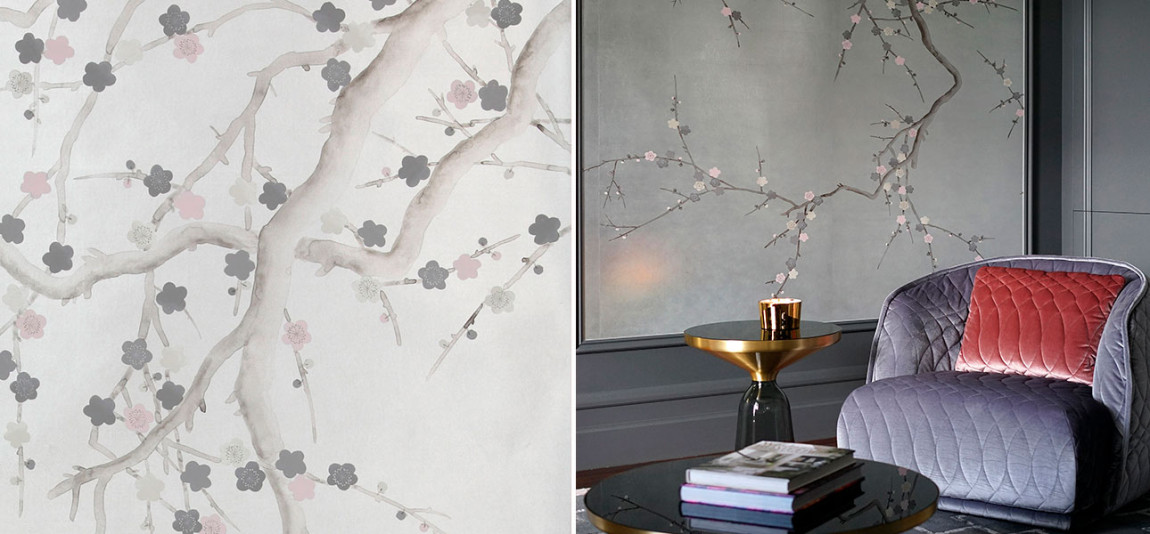 Обои ручная роспись Plum Blossom Colourway SC-233 on Sterling Silver gilded silk