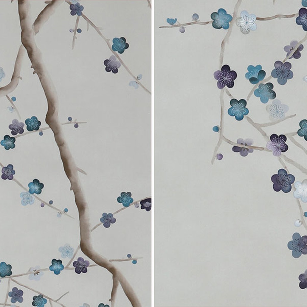 Обои ручная роспись Plum Blossom Colourway SC-81 on Oyster Shell metallic silk