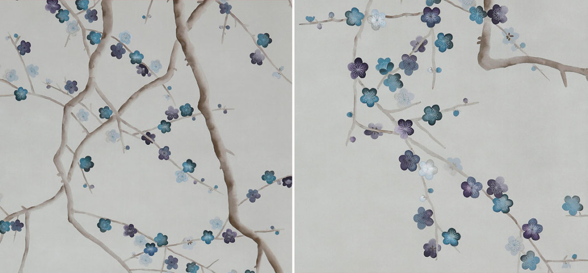 Обои ручная роспись Plum Blossom Colourway SC-81 on Oyster Shell metallic silk