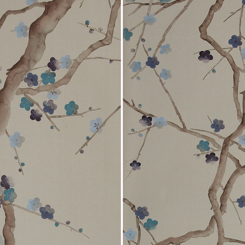 Обои ручная роспись Plum Blossom Colourway SC-81 on Pale Grey dyed silk