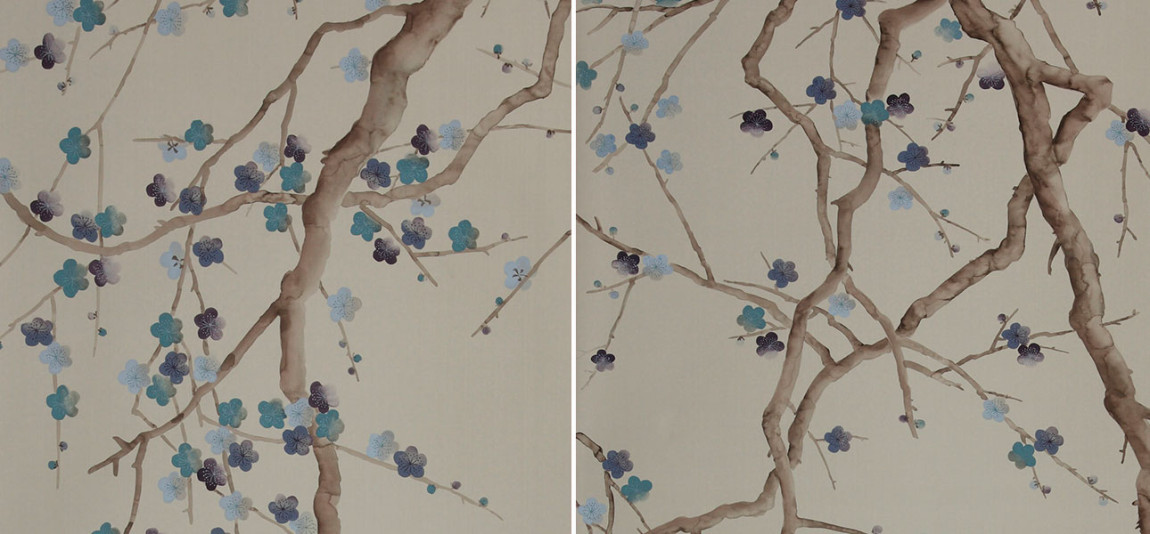 Обои ручная роспись Plum Blossom Colourway SC-81 on Pale Grey dyed silk