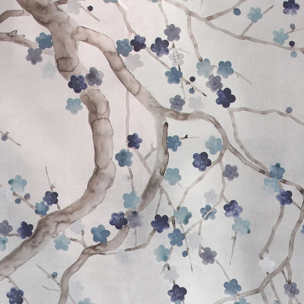 Обои ручная роспись Plum Blossom Inky Hokusai on Sterling Silver gilded silk