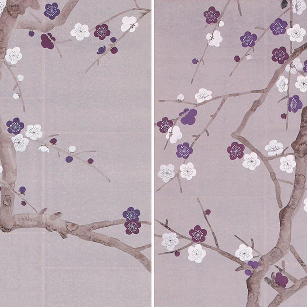 Обои ручная роспись Plum Blossom Lavender on Rich Mauve India tea paper