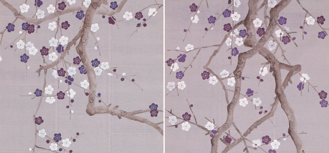Обои ручная роспись Plum Blossom Lavender on Rich Mauve India tea paper