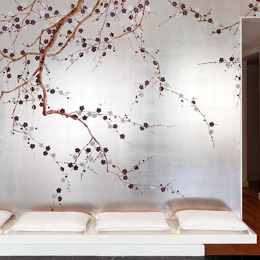 Обои ручная роспись Plum Blossom Lavender on Tarnished Silver gilded paper