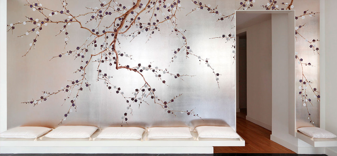 Обои ручная роспись Plum Blossom Lavender on Tarnished Silver gilded paper