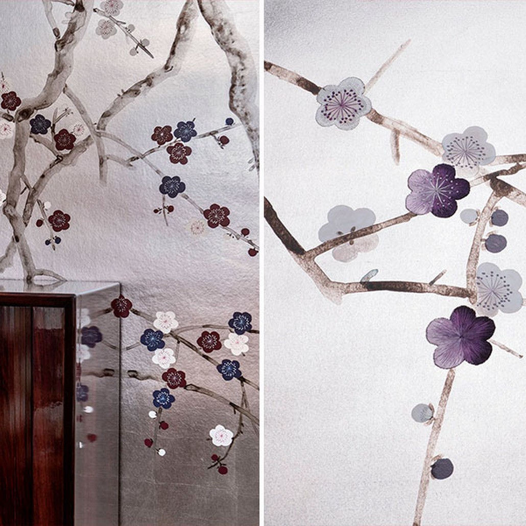 Обои ручная роспись Plum Blossom Lavender on Tarnished Silver gilded paper