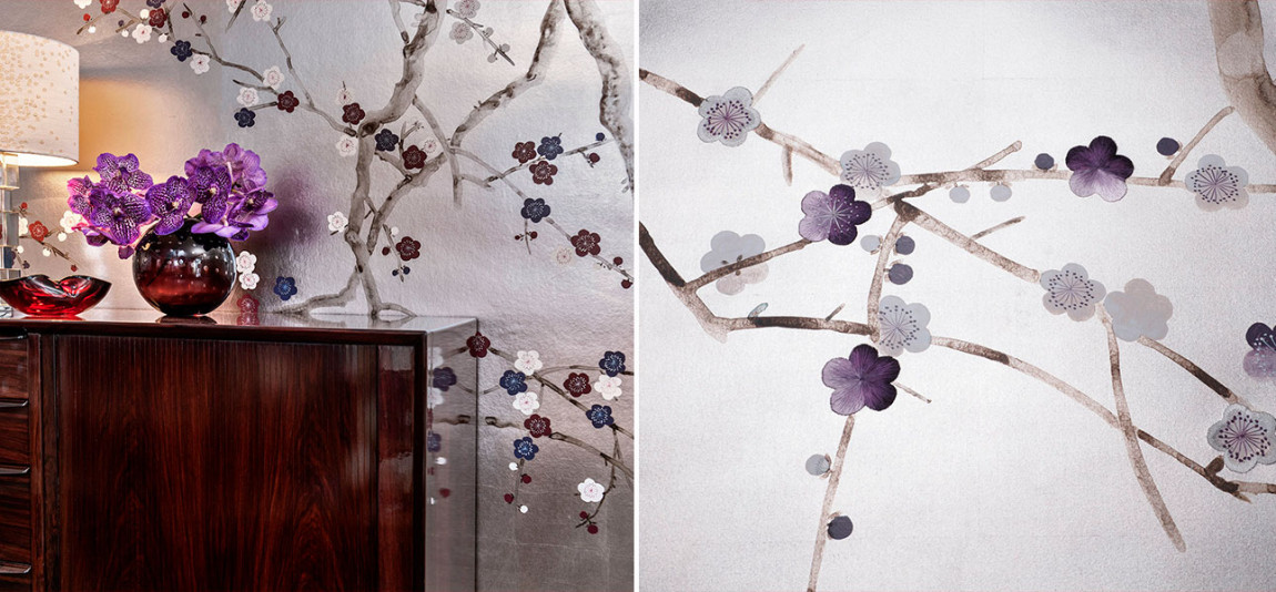Обои ручная роспись Plum Blossom Lavender on Tarnished Silver gilded paper