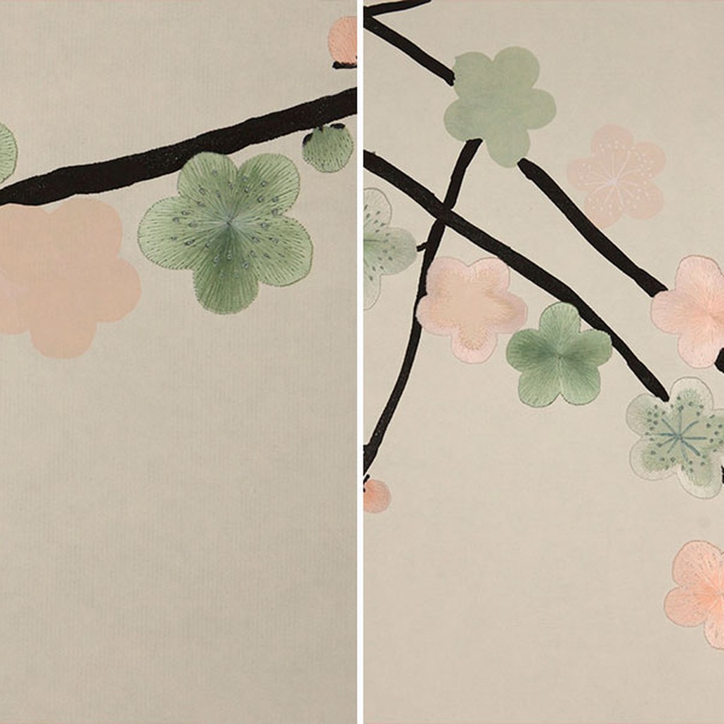 Обои ручная роспись Plum Blossom Special Colourway on Bleached White dyed silk