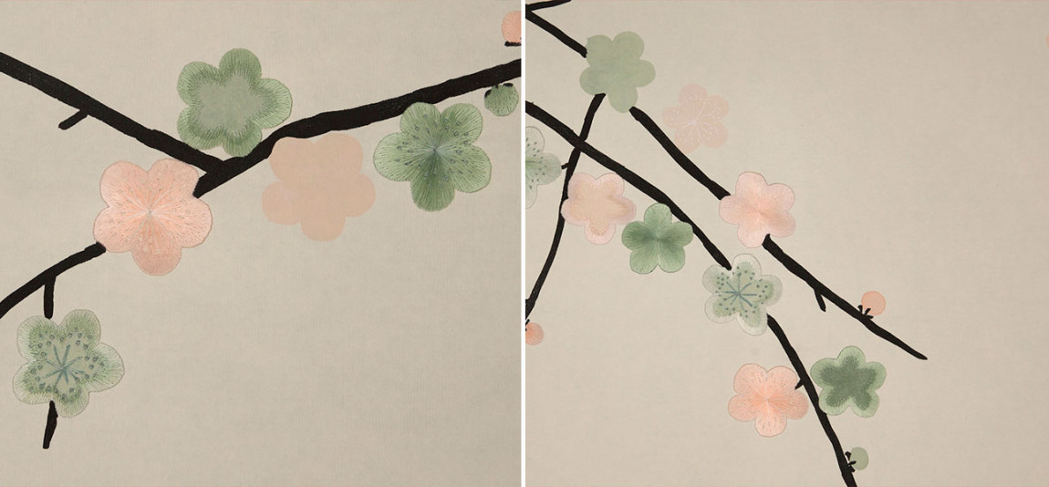 Обои ручная роспись Plum Blossom Special Colourway on Bleached White dyed silk