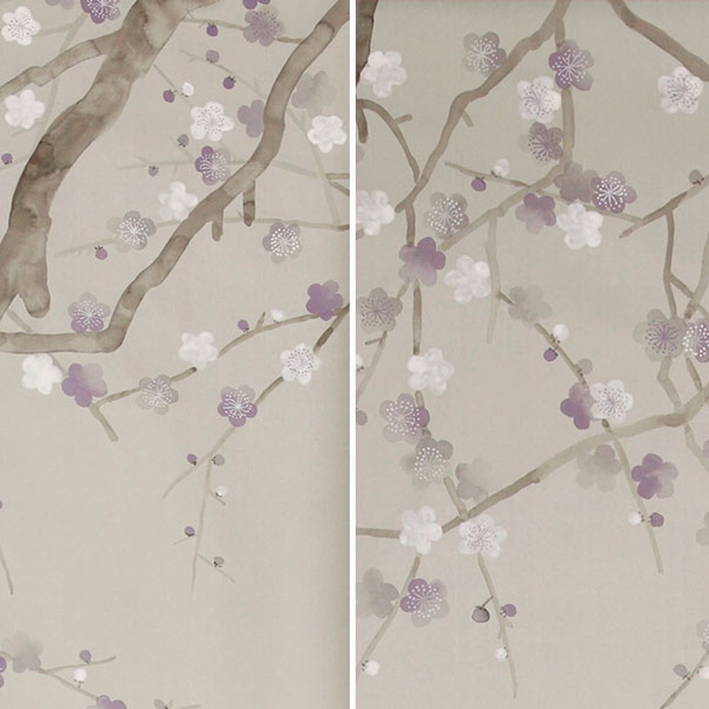 Обои ручная роспись Plum Blossom Special Colourway on Oyster Shell metallic silk