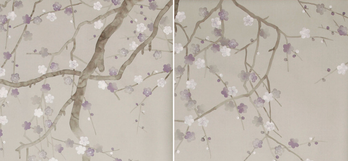 Обои ручная роспись Plum Blossom Special Colourway on Oyster Shell metallic silk