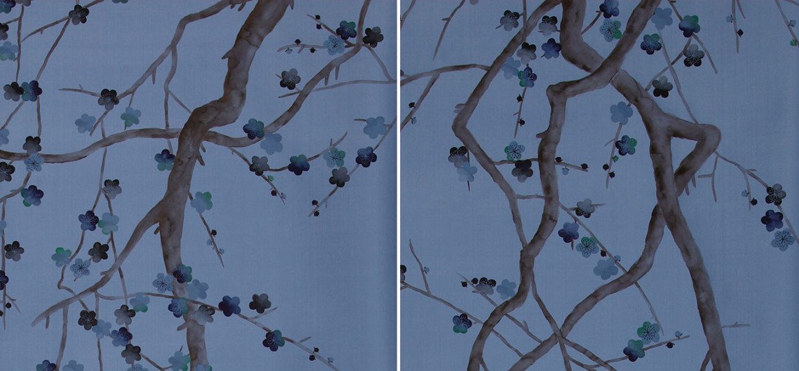 Обои ручная роспись Plum Blossom Special Colourway on Sky Blue dyed silk