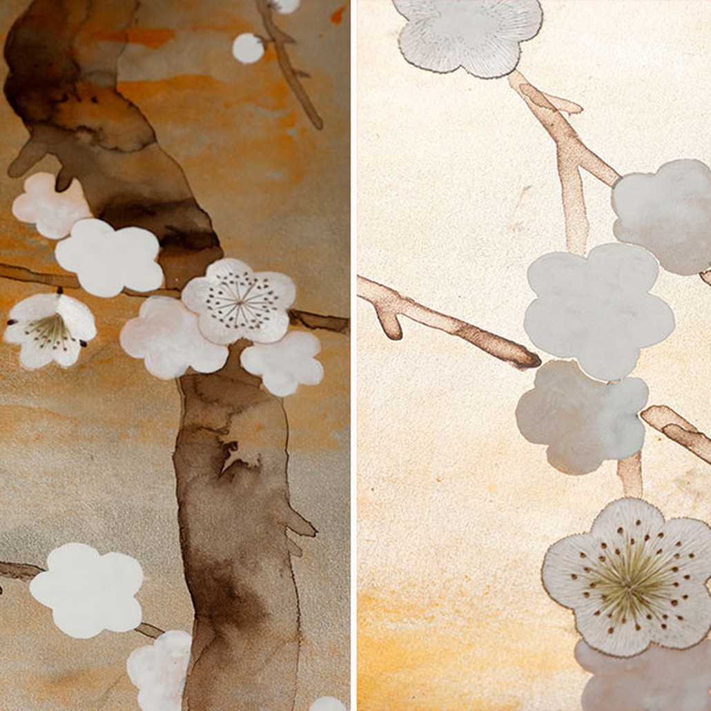 Обои ручная роспись Plum Blossom Special Colourway on White Metal gilded silk with nickel pearlescent antiquing