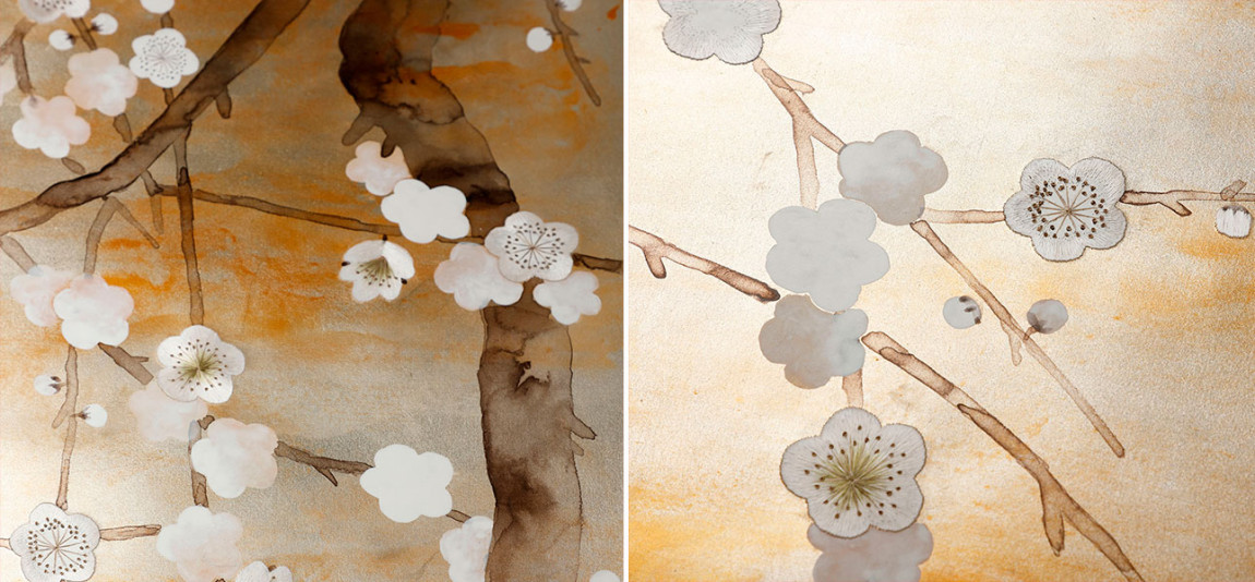 Обои ручная роспись Plum Blossom Special Colourway on White Metal gilded silk with nickel pearlescent antiquing