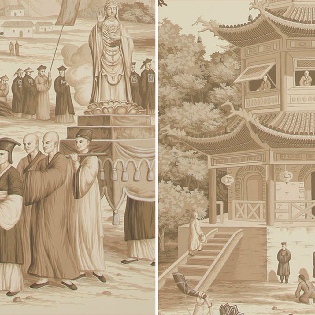 Обои ручная роспись Procession Chinoise Sepia on scenic paper