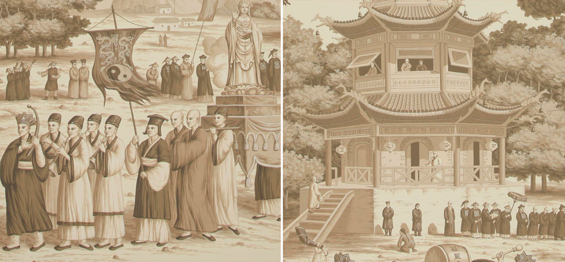 Обои ручная роспись Procession Chinoise Sepia on scenic paper