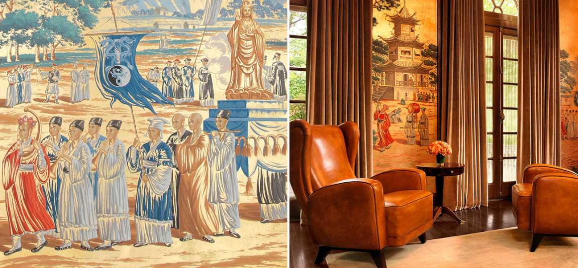 Обои ручная роспись Procession Chinoise Special Colourway on Warm Gold gilded paper