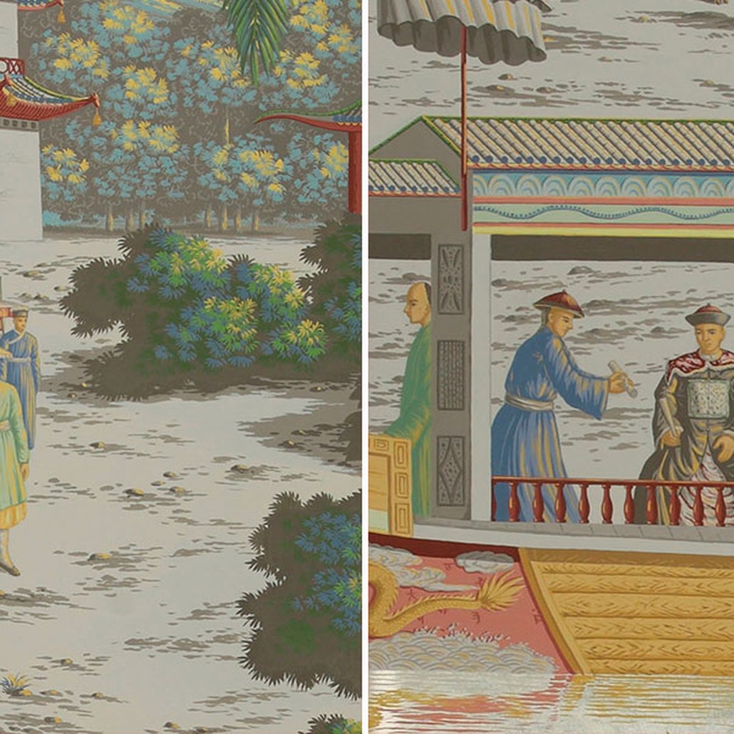 Обои ручная роспись Procession Chinoise Special Colourway on White Metal gilded paper