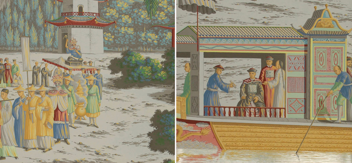 Обои ручная роспись Procession Chinoise Special Colourway on White Metal gilded paper