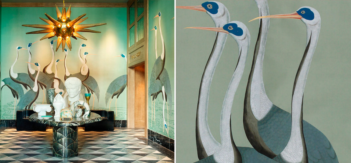 Обои ручная роспись Sarus Cranes Colourway SC-206 on Blue Grey dyed silk